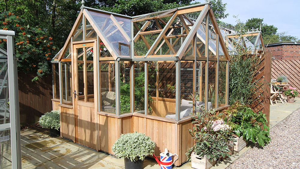 Alton Greenhouse | Durham T-Shaped Cedar Half-Boarded Greenhouse