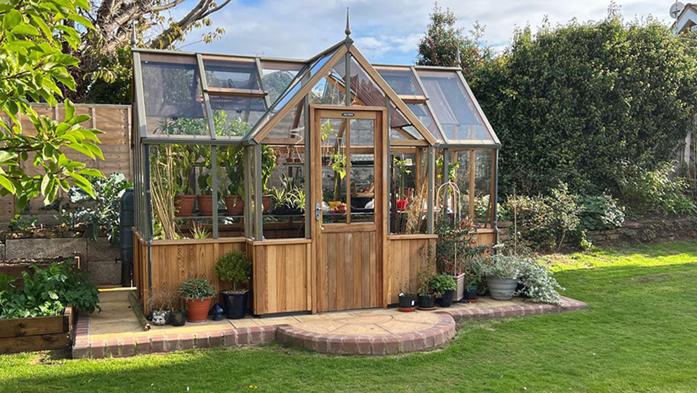 Alton Greenhouse | Durham T-Shaped Cedar Half-Boarded Greenhouse