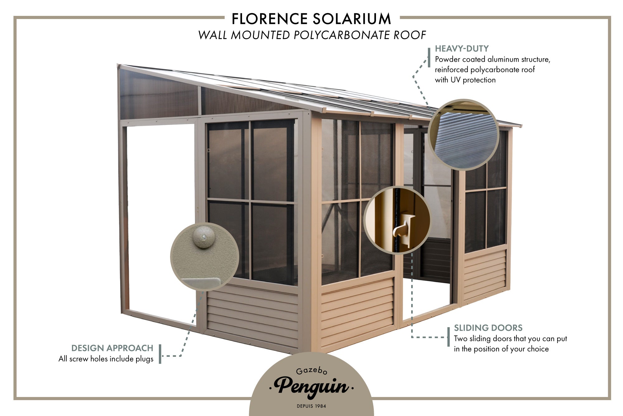 Gazebo Penguin Florence Wall-Mounted Solarium 8' x 12' Polycarbonate Roof