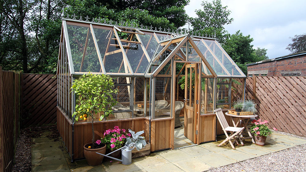 Alton Greenhouse | Cambridge T-Shaped Cedar Half-Boarded Greenhouse